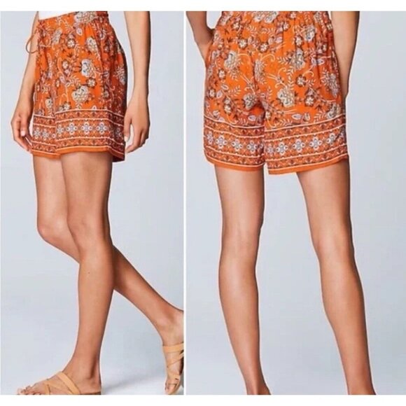 J. JILL Boho Floral Shorts Elastic Drawstring Waist Orange Multicolor Size L - Picture 1 of 9
